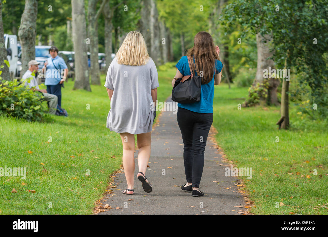Paar junge weibliche Freunde bei einem Spaziergang entlang einer Landschaft Weg gemeinsam im frühen Herbst in Großbritannien. Stockfoto