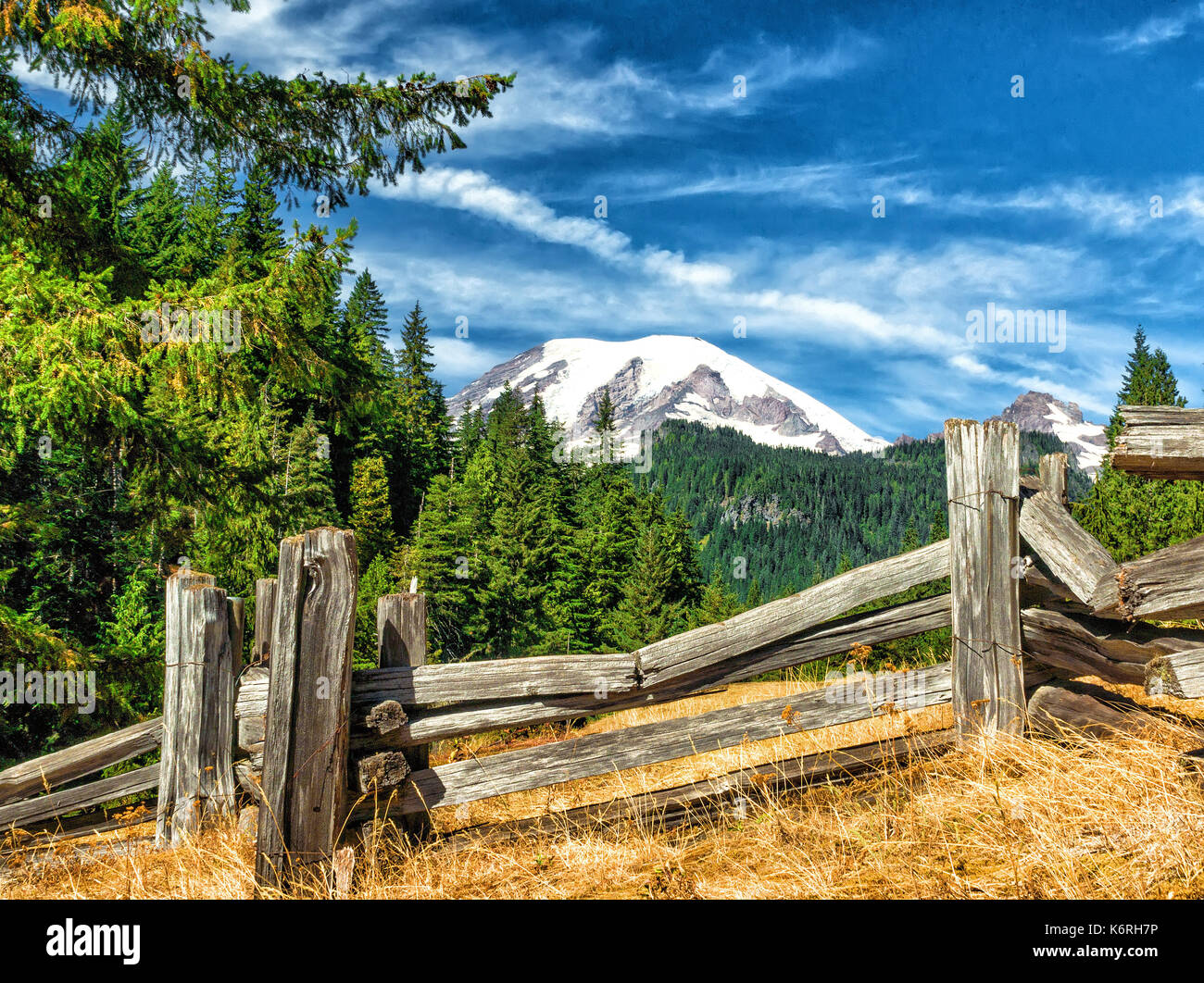 Ausblick auf den Mt. Ranier aus einem MEDOW von einer alten hölzernen Zaun umgeben ist. Stockfoto
