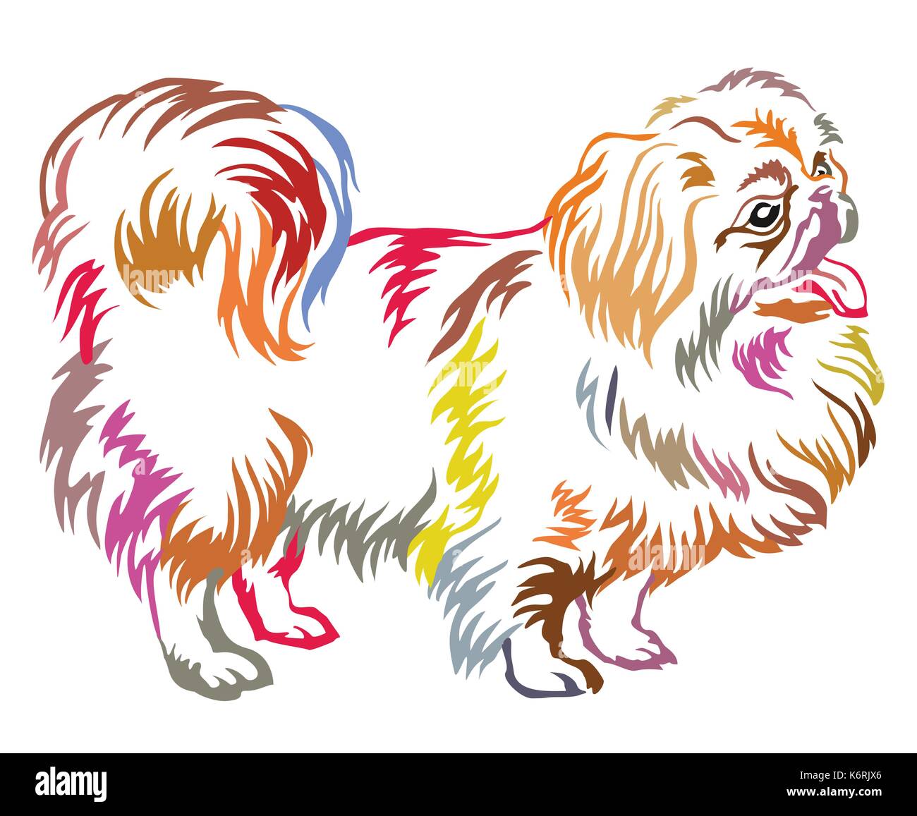 Bunt dekorativ Portrait von ständigen im Profil Pekingese, Vektor isoliert Abbildung auf weißem Hintergrund Stock Vektor