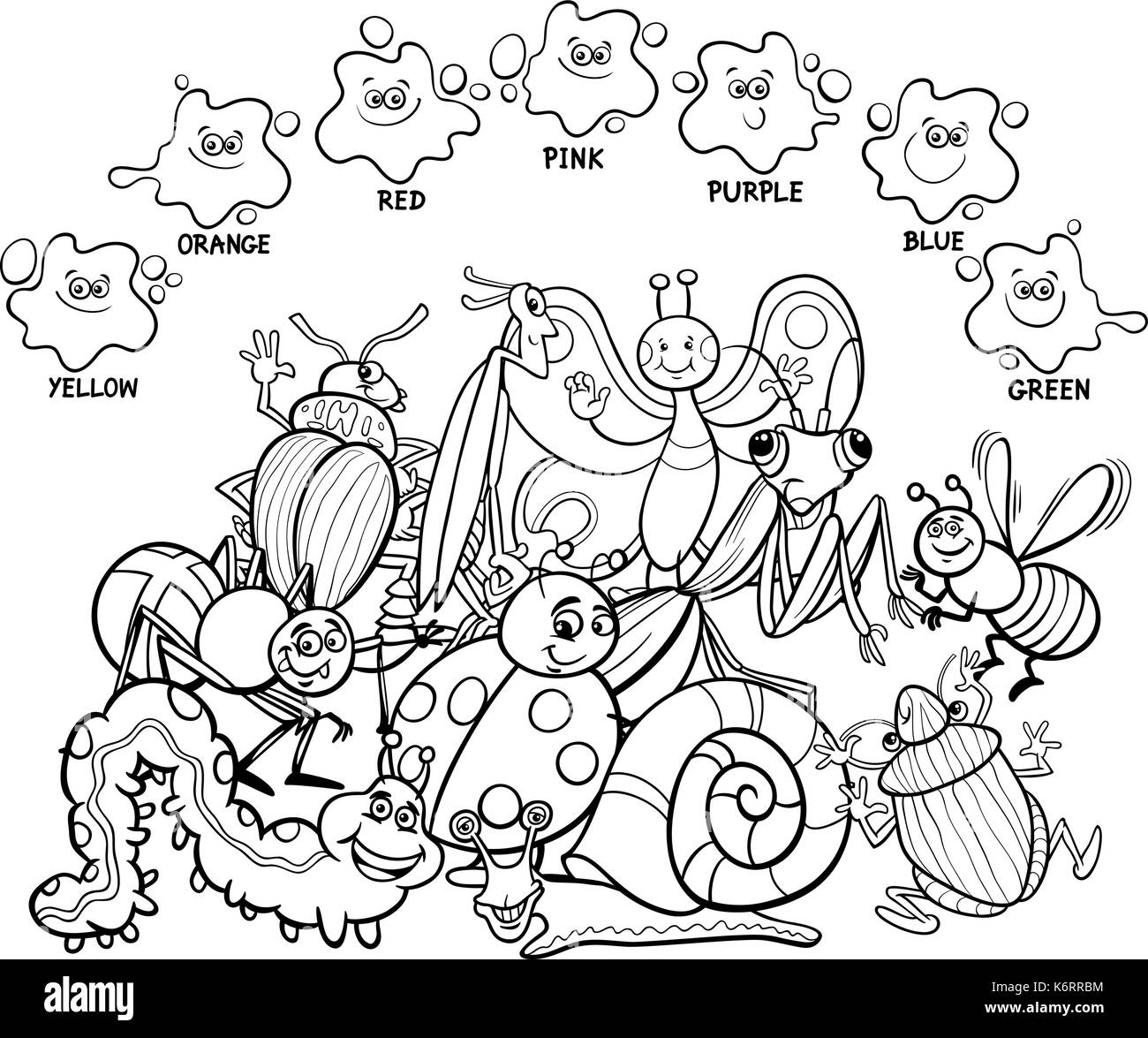 Schwarze und Weiße Cartoon Abbildung der primären Grundfarben Pädagogische Seite für Kinder mit Insekten tierische Malvorlagen Stock Vektor