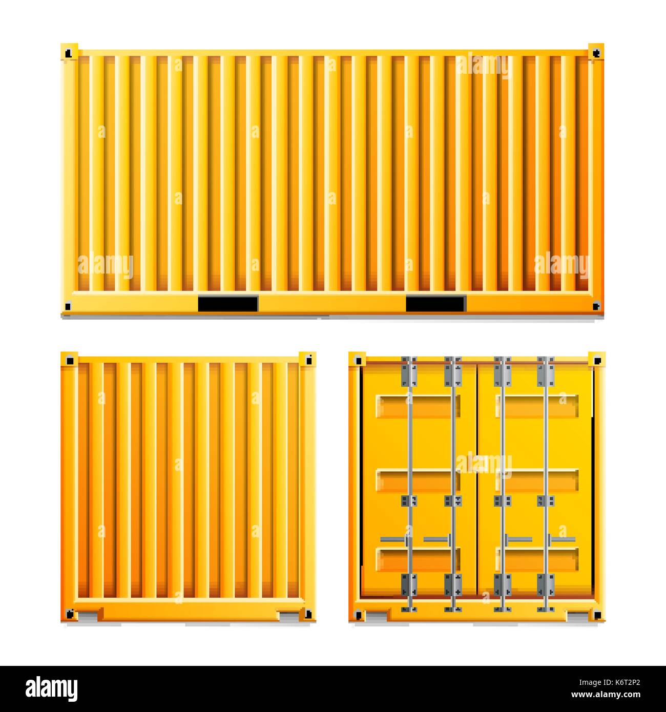 Gelbe Cargo Container Vector. Realistische Metall Classic Cargo Container. Fracht Konzept. Logistik, Transport Mock Up. Zwei Seiten. Auf weissem Hintergrund Abbildung isoliert Stock Vektor