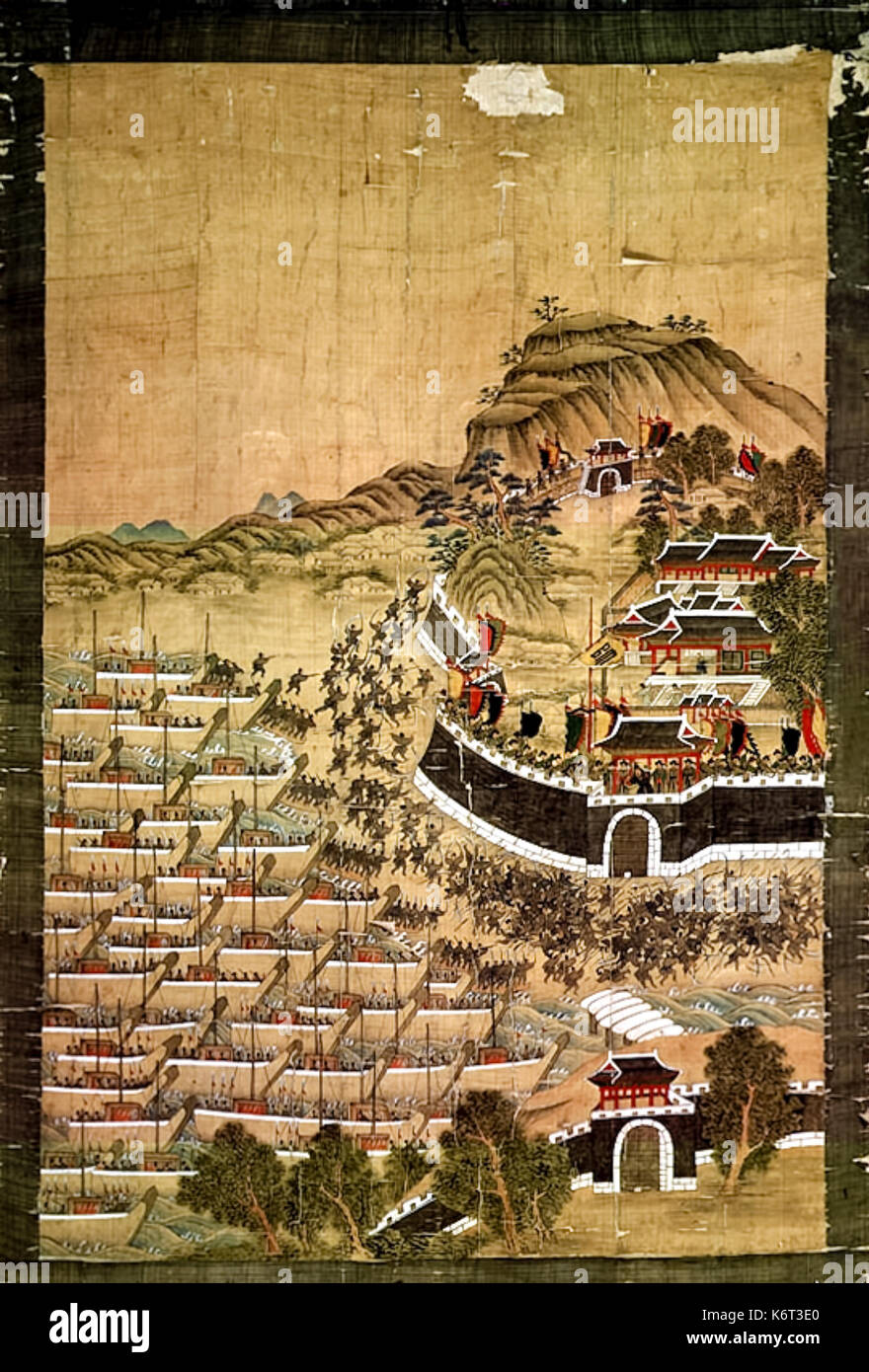 Die Iege von Busanjin Festung" Seidenmalerei, die japanischen Streitkräfte inszeniert eine amphibische Landung und die die koreanische Festung während der japanischen Invasion in Korea im Jahre 1592, die erste Schlacht in der Imjon Krieg. Foto von 1709 Seidenmalerei vom Künstler Byeon Bak. Stockfoto