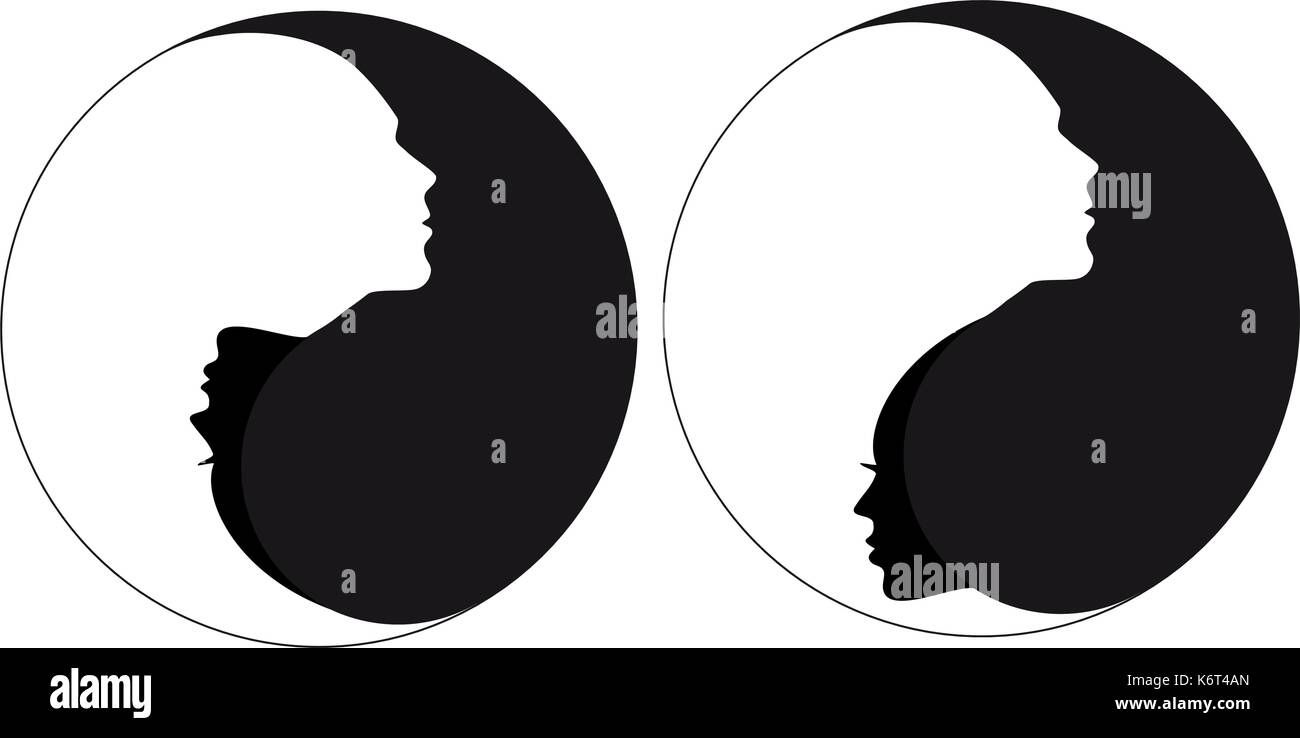 Yin Yang Symbol mit Mann und Frau, männliche und weibliche Gesichter, negative Space Vector Illustration Stock Vektor