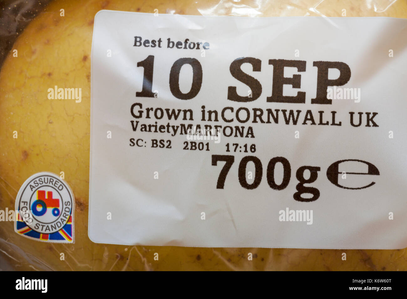 Details zum Sack Kartoffeln in Cornwall, UK Vielzahl Marfona 700g Mindesthaltbarkeitsdatum gewachsen Stockfoto