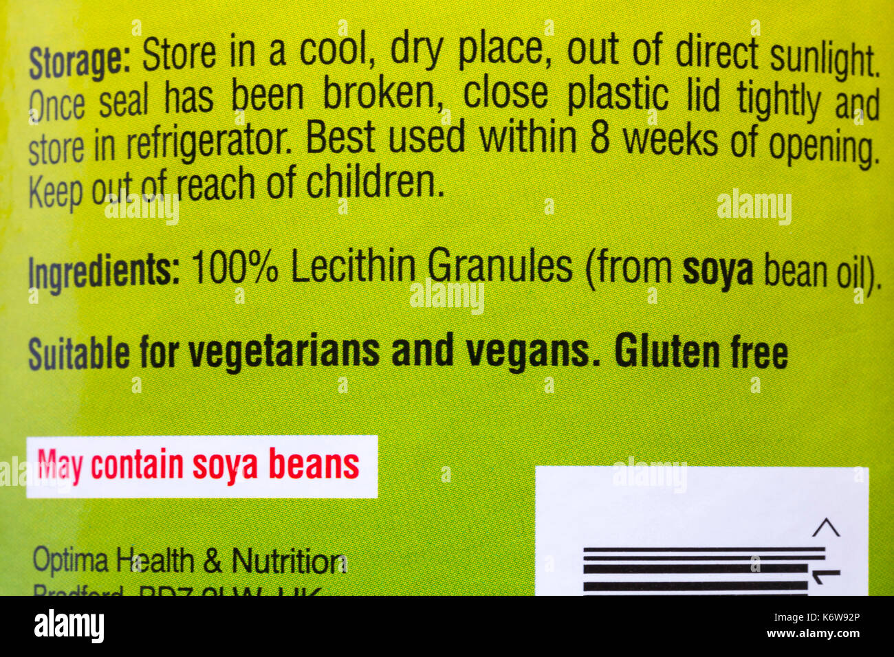 Sojabohnen enthalten können, geeignet für Vegetarier und Veganer Informationen über Whirlpool der Optima 100% reines Lecithin Granulat Stockfoto