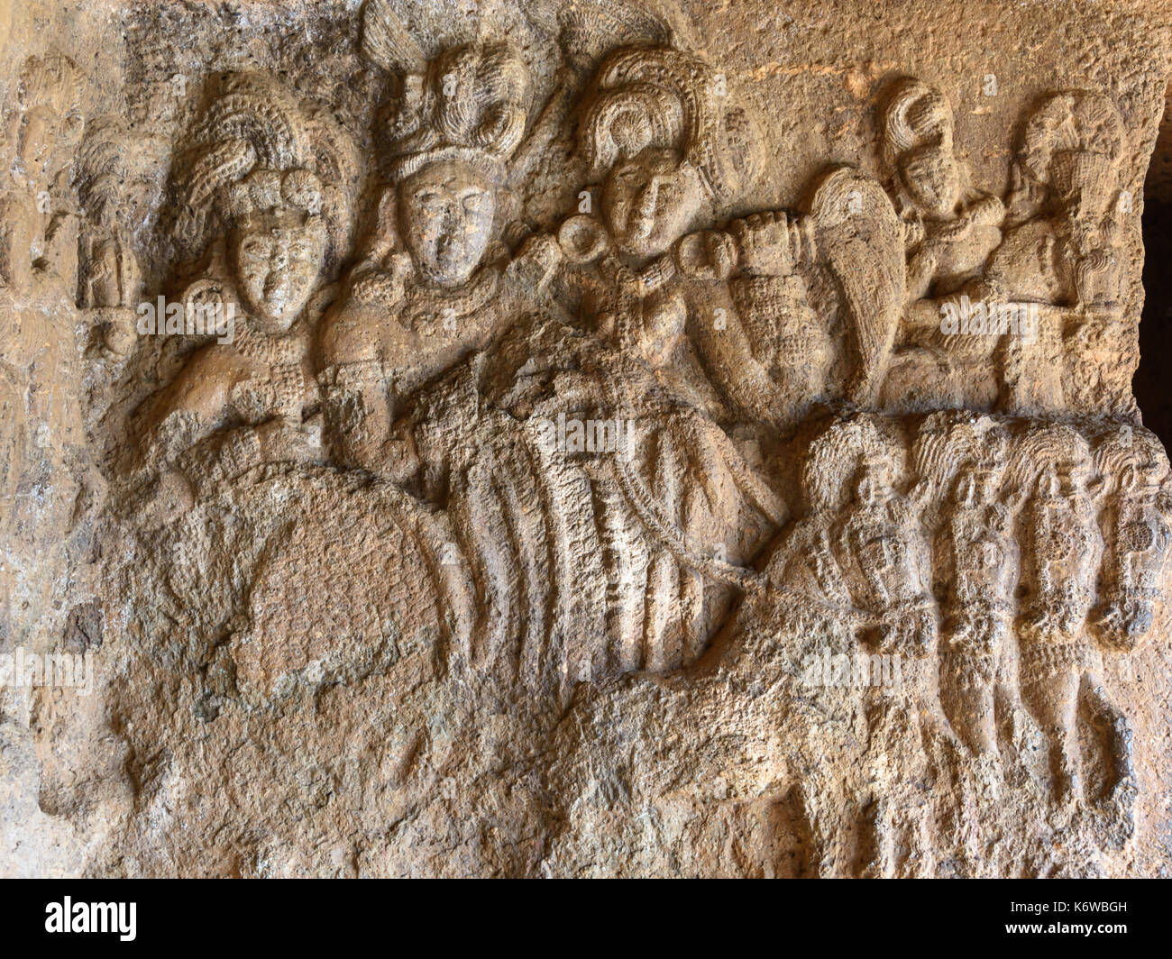 Sun God, 4 Pferde Entlastung am Bhaja Höhlen, Maharashtra, Indien Stockfoto