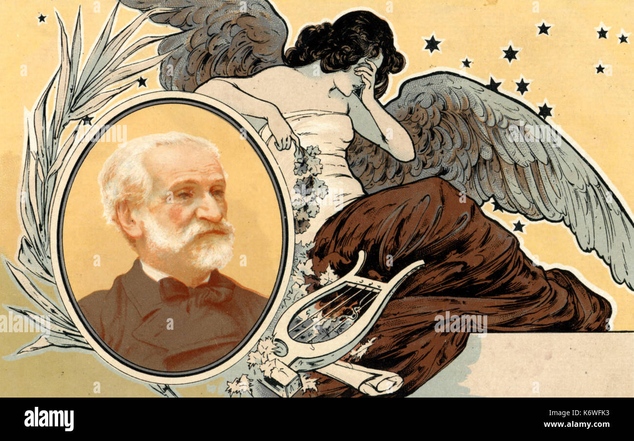 Giuseppe Verdi Portrait auf Postkarte memorial Schildern zu Verdi, nach seinem Tod. Muse mit Lyra Weinen. Italienischer Komponist (1813-1901) Stockfoto