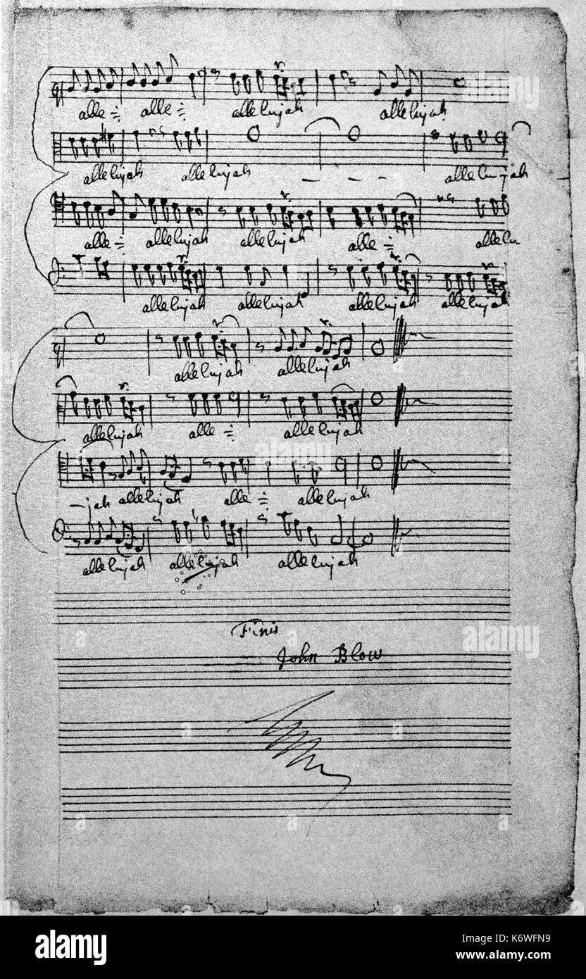 BLOW, John - autogramm Ms & Signatur Score in der Schlag Schreiben seiner Hymne, "O freudige' werden. Am Ende. englischer Komponist und Organist unterzeichnet, 1648/9-1708 Stockfoto