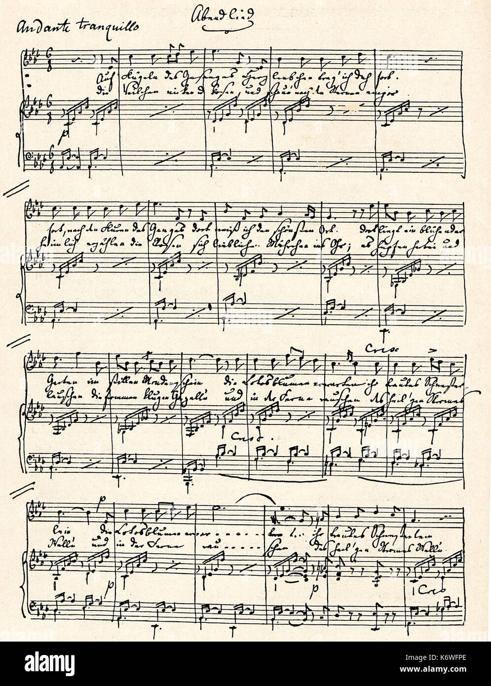 Mendelssohns handschriftliche Partitur von "Auf Flügeln des Gesanges" auf Flügeln eines Songs). Deutsche Komponist, 1809-1847. Stockfoto