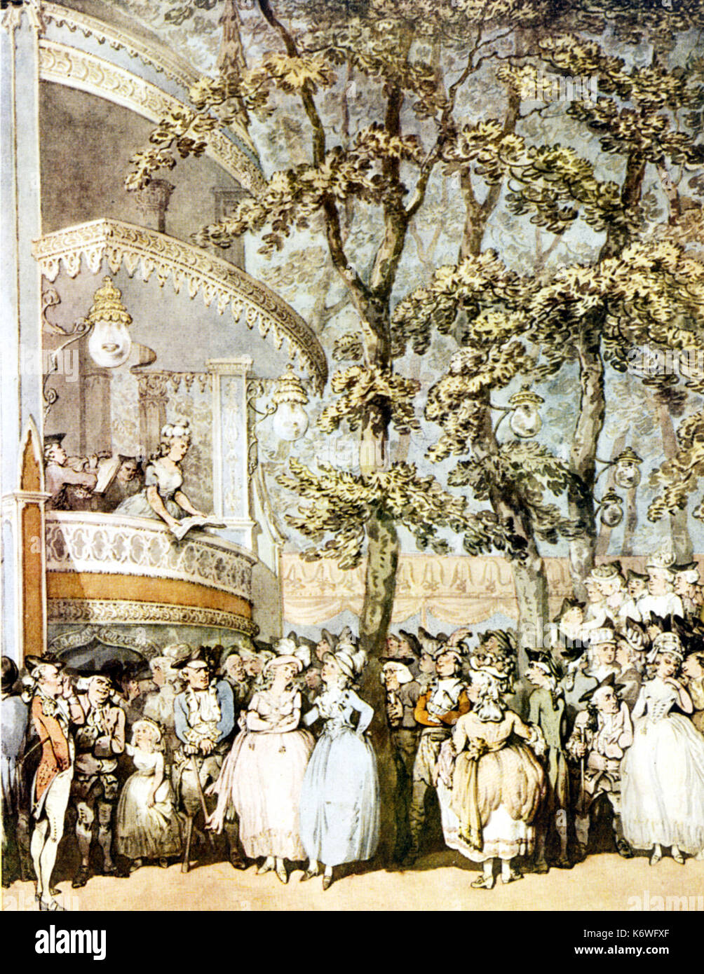 Vauxhall Gardens von Rowlandson, Solist in Box ist Frau Weichsell; Geiger hinter ihr. Publikum stehend, unter Bäumen. Stockfoto