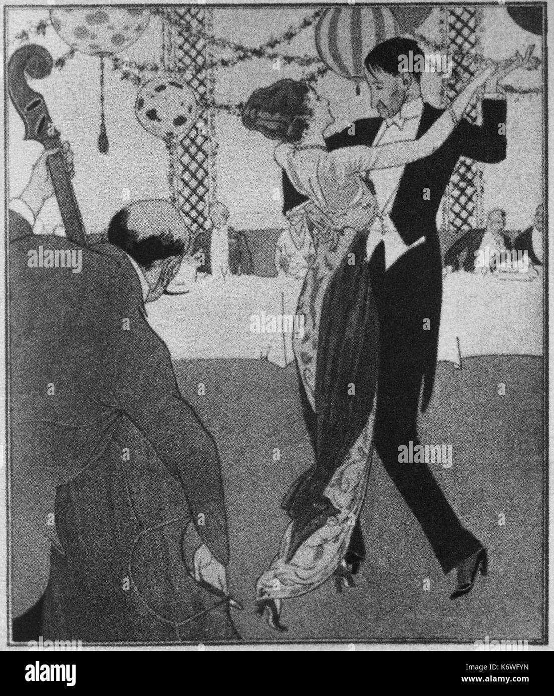 Tanzen - TANGO Lithographie zeigt Paar tanzt den Tango im Ballsaal. Musik, gespielt auf Kontrabass 1920 s Stockfoto