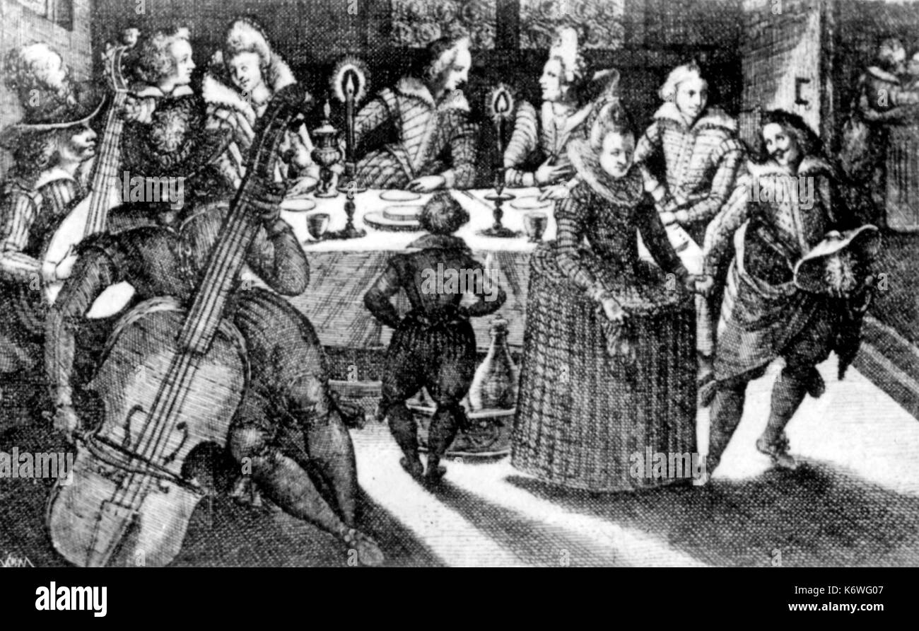 Cello-Barock. Anfang des 17. Jahrhunderts. Niederländische Abbildung: Nach dem Abendessen mit Musik. Paar tanzen zu Musik für Cello & Laute Stockfoto