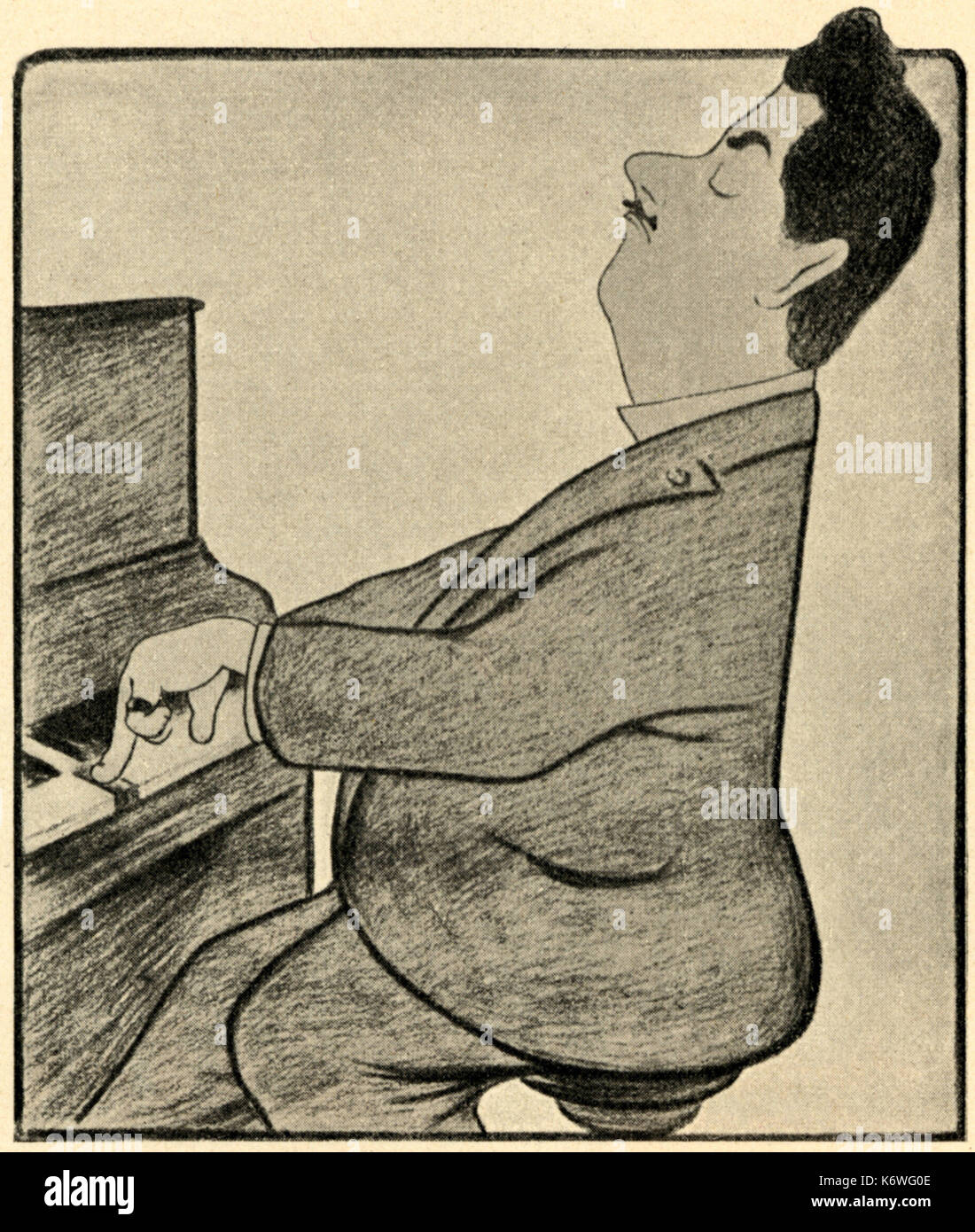 Puccini am Klavier, Karikatur von Leonetto Cappiello (9. April 1875 - 2. Februar 1942). Italienischer Komponist, 1858-1924. Stockfoto