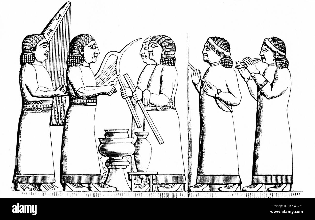 Assyrischen/Babylonischen Musiker Harfe, Zither, chelys, Doppel aulos Babel. Assyrien. Stockfoto