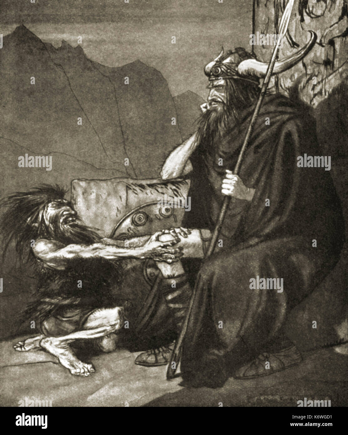 Der Götterdämmerung/Götterdämmerung von Richard Wagner. Alberich, der König der Rasse der Nibelungen, bittet seinen Sohn Hagen seine leichten von Wotan, König der Westgermanischen Pantheon der Götter zu rächen, und der wälsung, Kinder Wotans. Abbildung von Arthur Rackham 1867 - 1939. Bildunterschrift: Der Verschleiß zu mir, Hagen, mein Sohn!' Der chwörst du mir's, Hagen, mein Sohn?" Von "Der Ring cycle'/'Der Ring des Nibelungen'. RW-deutsche Komponist & Autor, 22. Mai 1813 - vom 13. Februar 1883. Stockfoto Der Götterdämmerung/Götterdämmerung von Richard Wagner. Alberich, der König der Rasse der Nibelungen, bittet seinen Sohn Hagen seine leichten von Wotan, König der Westgermanischen Pantheon der Götter zu rächen, und der wälsung, Kinder Wotans. Abbildung von Arthur Rackham 1867 - 1939. Bildunterschrift: Der Verschleiß zu mir, Hagen, mein Sohn!' Der chwörst du mir's, Hagen, mein Sohn?" Von "Der Ring cycle'/'Der Ring des Nibelungen'. RW-deutsche Komponist & Autor, 22. Mai 1813 - vom 13. Februar 1883. Stockfoto