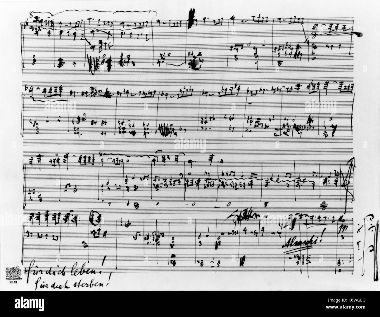 Gustav Mahler - Sinfonie 10 autographe Partitur - Ende der letzten Bewegung. "Für dich leben! Für dich sterben" in Mahlers Handschrift unter Ergebnis österreichische Komponist, 1860-1911 geschrieben Stockfoto