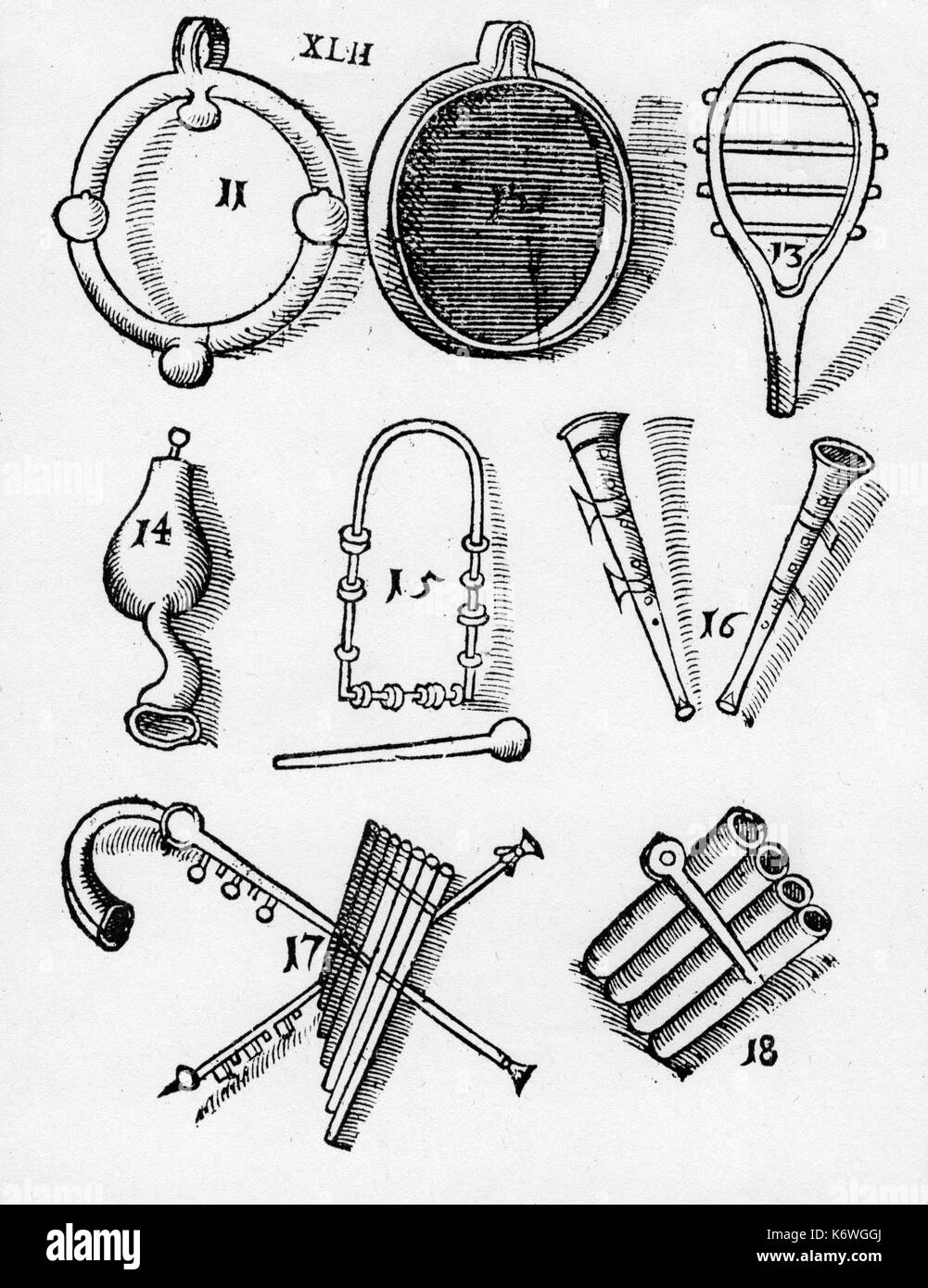 Antike römische Blas- und Schlaginstrumente. Abbildung von Praetorius von Syntagma Musicum (1619): Sambuca; Sistrum; Fistel; Crotalum (Dreieck); Tibia Utriculus; Cicuta (Panflöte) Stockfoto
