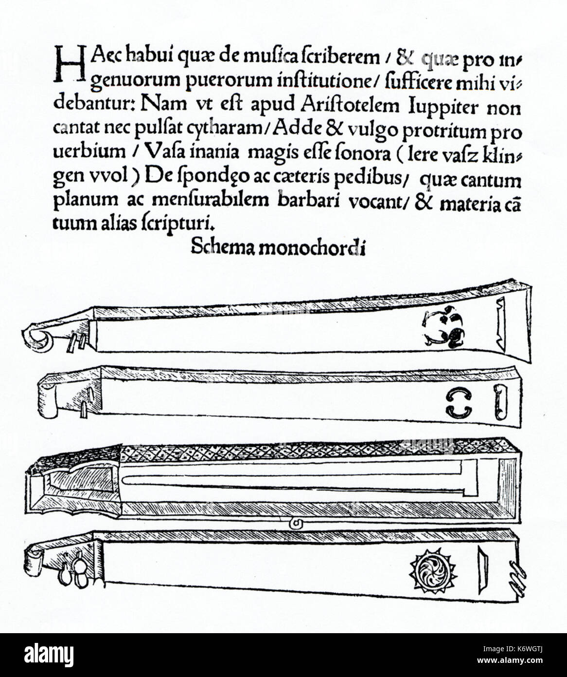 INSTR - früh - TROMBA MARINA/MONOCHORD Seite von Faber's "usicae Rudimenta' (1516), die die Tromba Marina, in Stufen von Bau Stockfoto