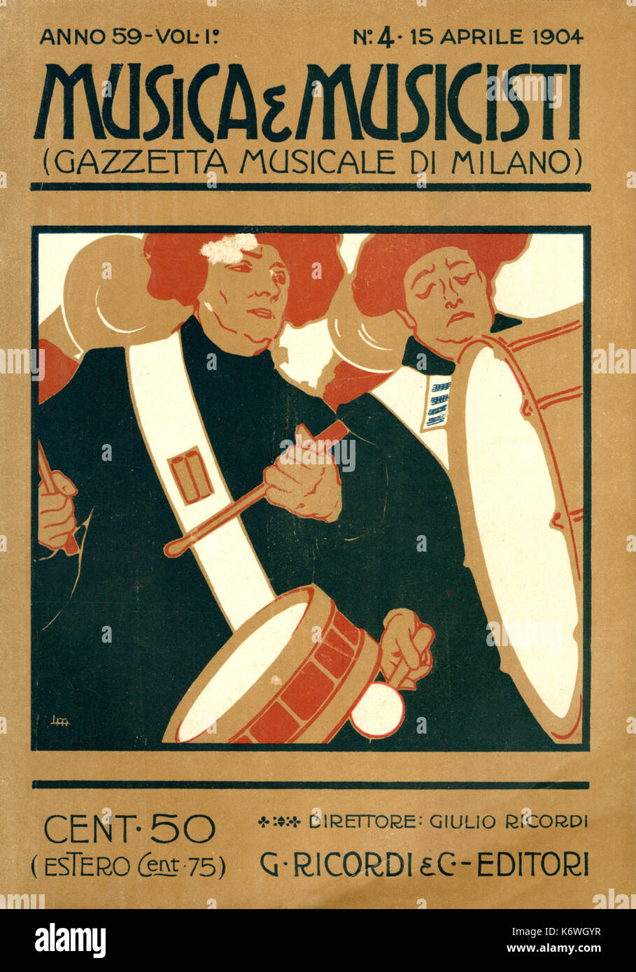 INSTR - Schlagzeug - Seite/SNARE DRUM Cover von 'Musica e Musicisti", 1904, Schlagzeuger marschieren. Seite Drum, Snare Drum Stockfoto