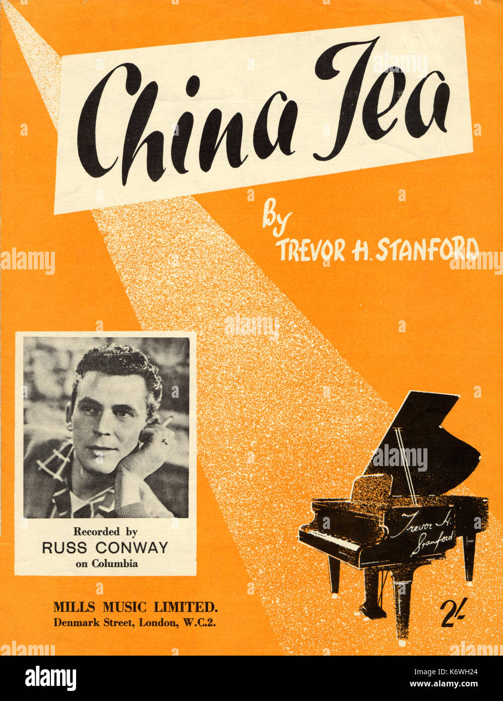 Russ Conway, Foto, der in der Partitur, 1959 Score Cover von 'China Tee" von Trevor H Stanford. Durch Mills Musik Ltd, London, 1959 Grand Piano veröffentlicht. Stockfoto