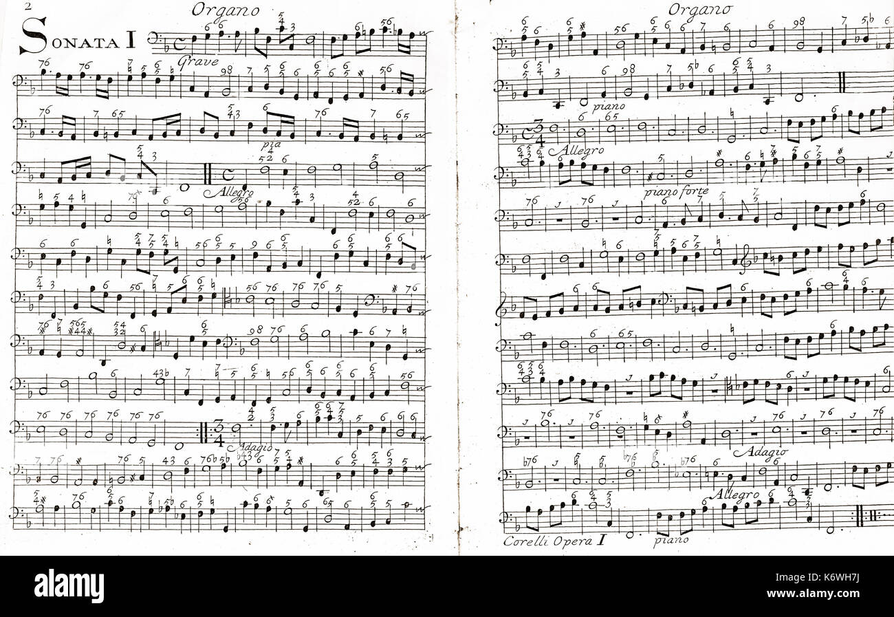 CORELLI, Arcangelo. Opus 1. Sonate 1 Zwei Seite der gedruckten Ergebnis aus Orgel/bass Teil illustriert bezifferte Bass. Italienischer Violinist und Komponist 1653-1713 Stockfoto