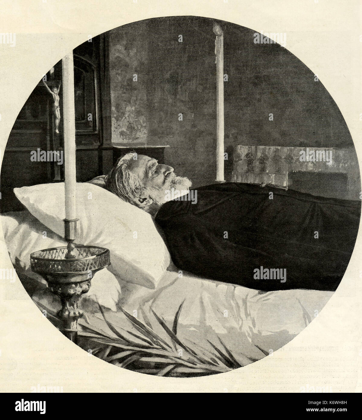 VERDI, Giuseppe auf seinem Sterbebett (Foto Guigoni e Bossi) von L'Illustrazione Italiana" 3 Feb 1901 - Verdi problem Italienischer Komponist (1813-1901) Stockfoto