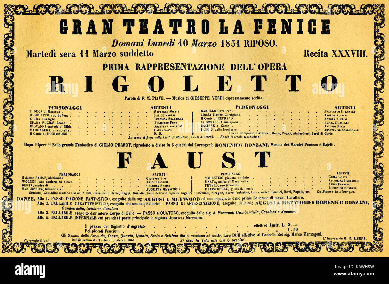 VERDI, Giuseppe - Rigoletto Premiere 11. März Plakat 1851 für La Fenice in Venedig. Italienischer Komponist (1813-1901) Buch: Verdi-e La Fenice, PG32 Stockfoto