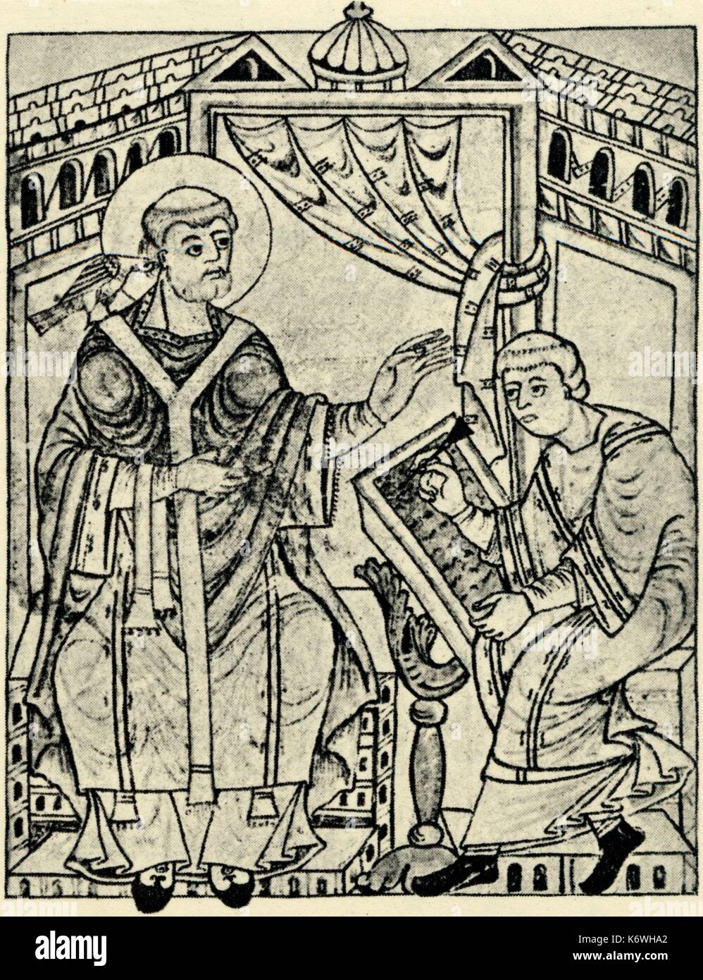St Gregory (Gregorianischen Gesang nach ihm benannt) diktiert Diakon Peter. Zeichnung aus der Hartker Antinphonary, St Gallen, Ende 10. Jahrhundert. c. 540 - vom 12. März 604 Stockfoto