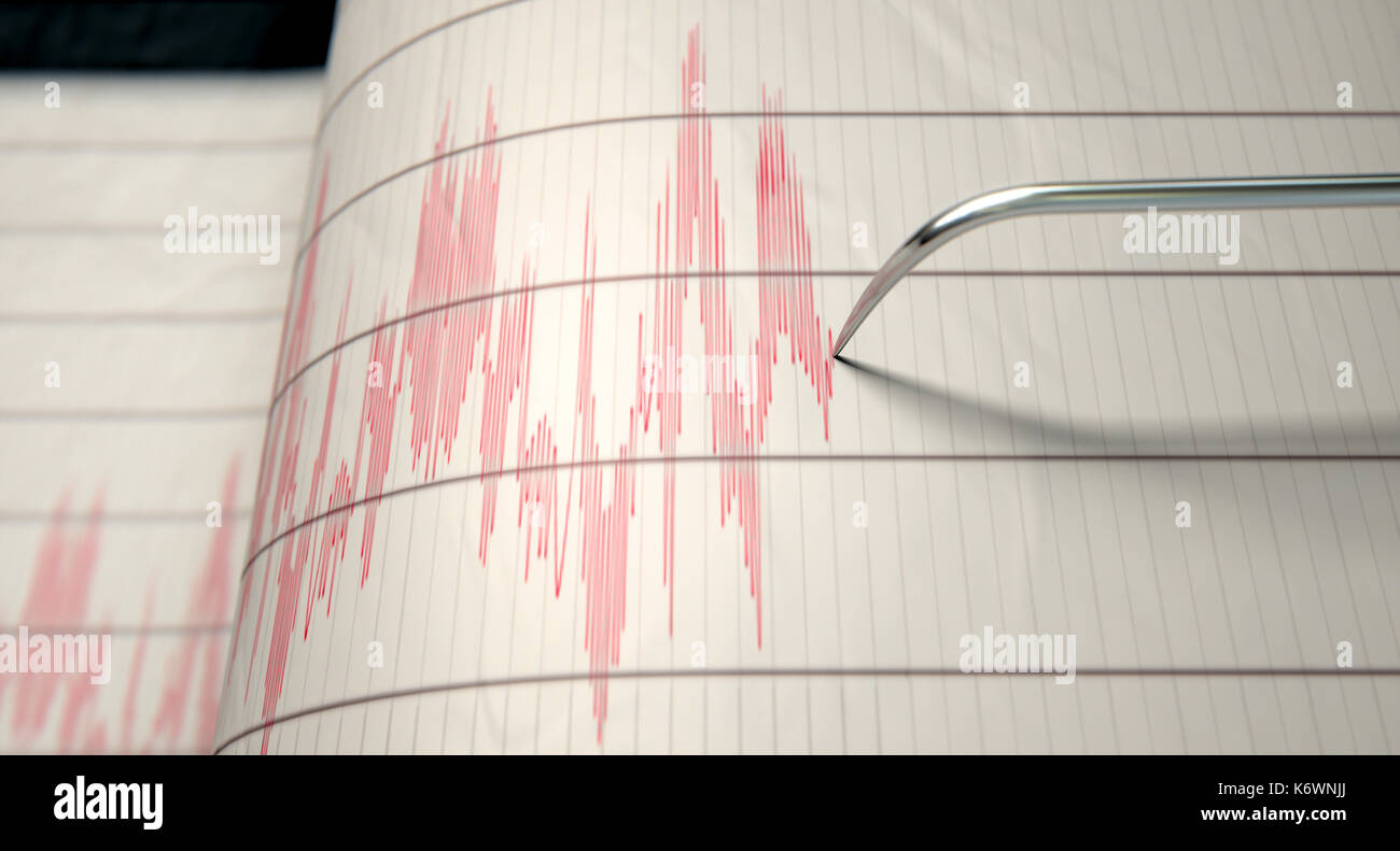 Eine Nahaufnahme eines Seismographen Maschine Nadel Zeichnung eine rote Linie auf Millimeterpapier, seismische und Erdbeben - 3D-Rendering Stockfoto