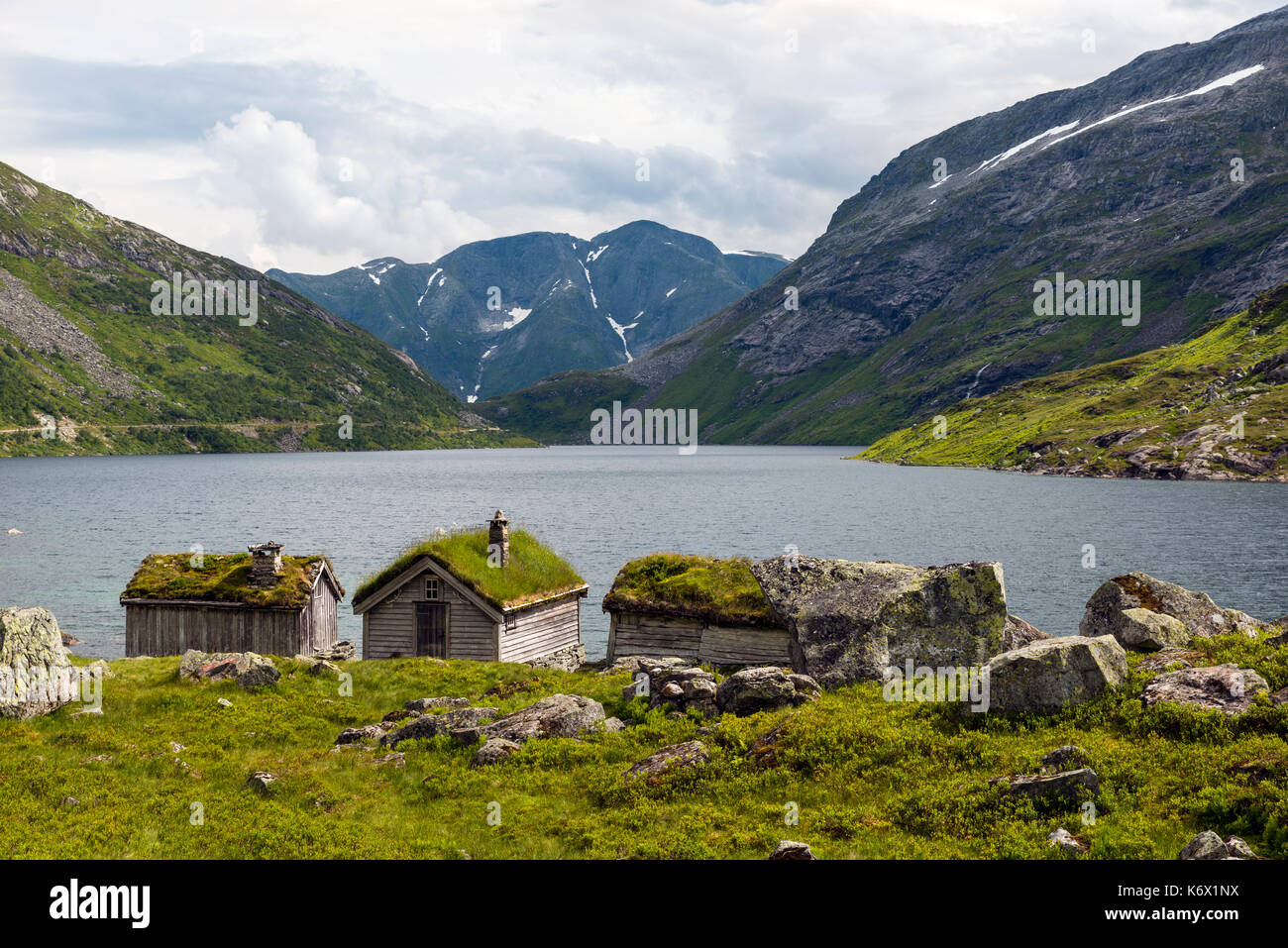 Alte märchenhafte Haus aus Holz mit Kamin aus gestapelten Schiefer und ein Dach mit Pflanzen und Bäume an einem Fjord in Norwegen mit Garten mit roten Blumen ein Stockfoto