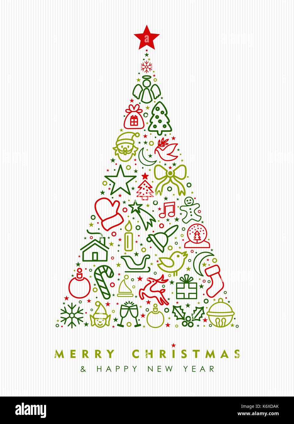 Frohe Weihnachten und guten Rutsch ins Neue Jahr Gruß card Design, holiday Line Art Symbol Abbildung, Pine Tree Form. EPS 10 Vektor. Stock Vektor