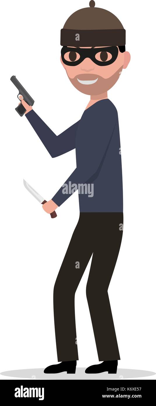 Vektor cartoon Bandit in einer Maske mit einer Waffe ein Messer Stock Vektor