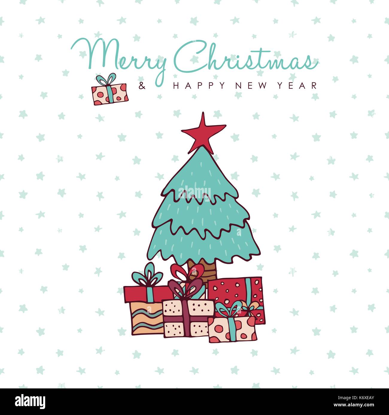 Frohe Weihnachten Frohes Neues Jahr Hand gezeichnet Grußkarte. Weihnachten Tanne mit Geschenkboxen und Urlaub Typografie Zitat. EPS 10 Vektor. Stock Vektor