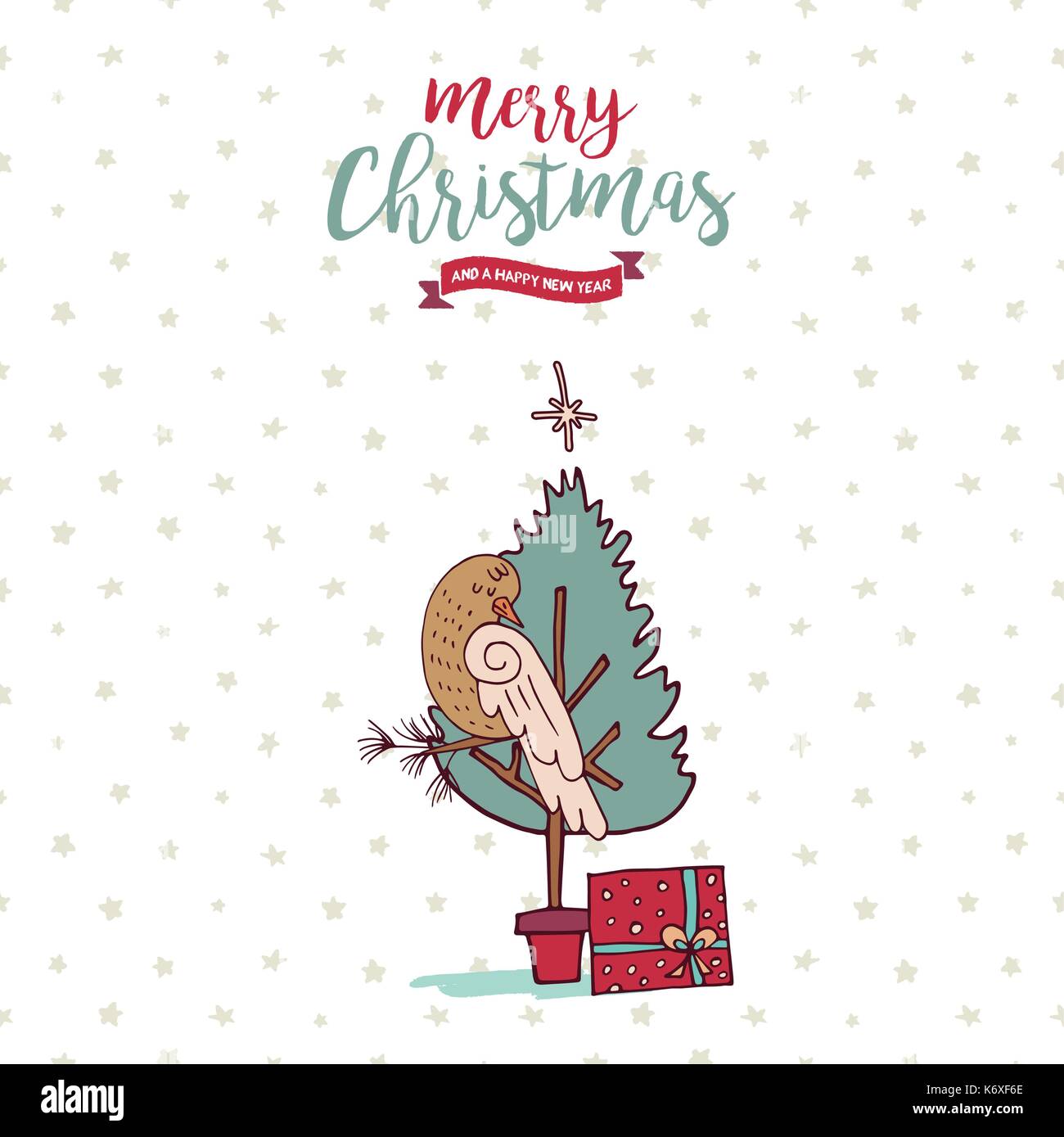 Frohe Weihnachten Frohes Neues Jahr hand Tier Grußkarte erstellt. Süße Vogel auf xmas Pine Tree cartoon mit Geschenkbox und Urlaub Typografie Zitat. EPS 10. Stock Vektor