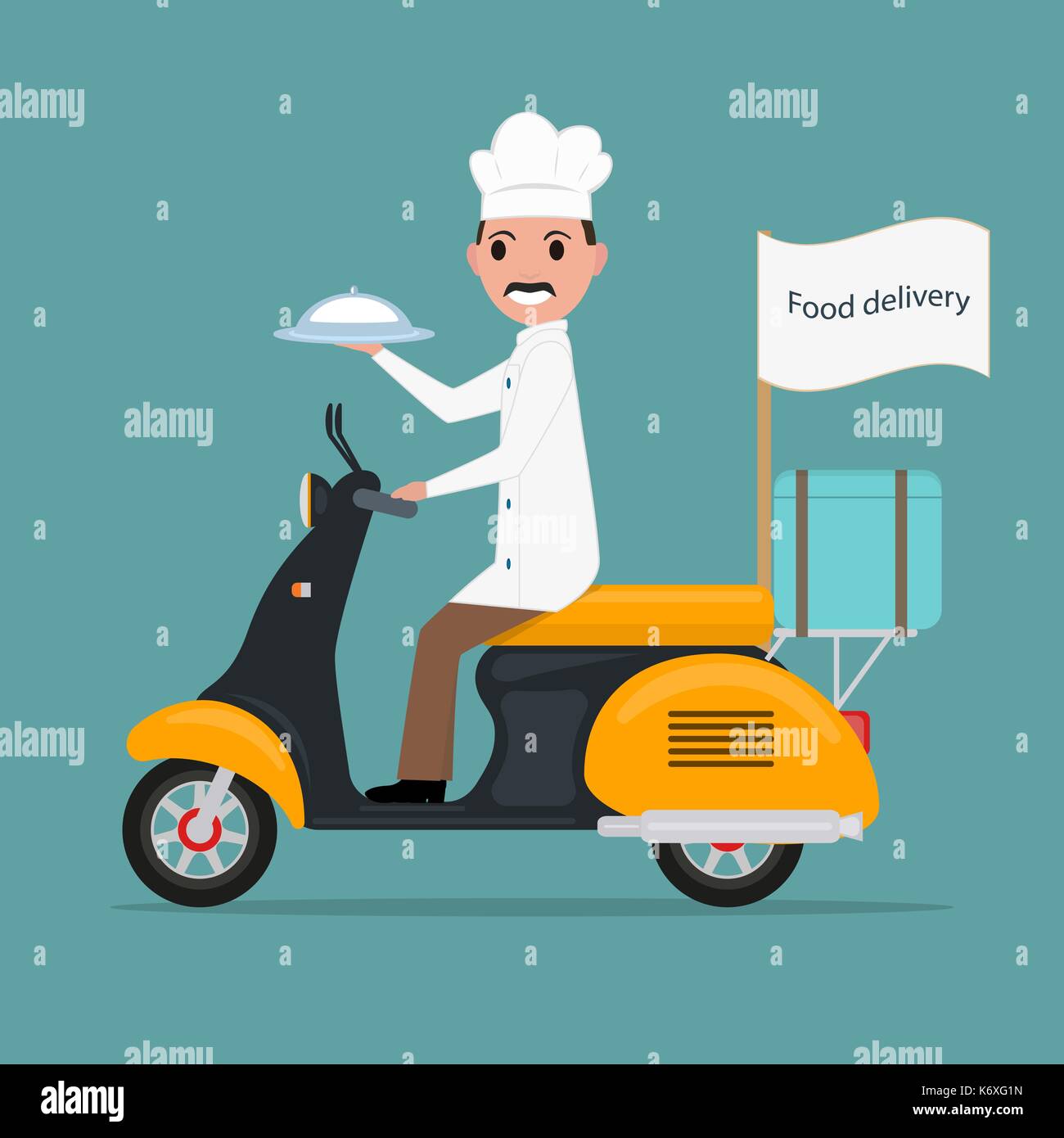 Vektor lustig cartoon Küchenchef Mann scooter Essen Stock Vektor