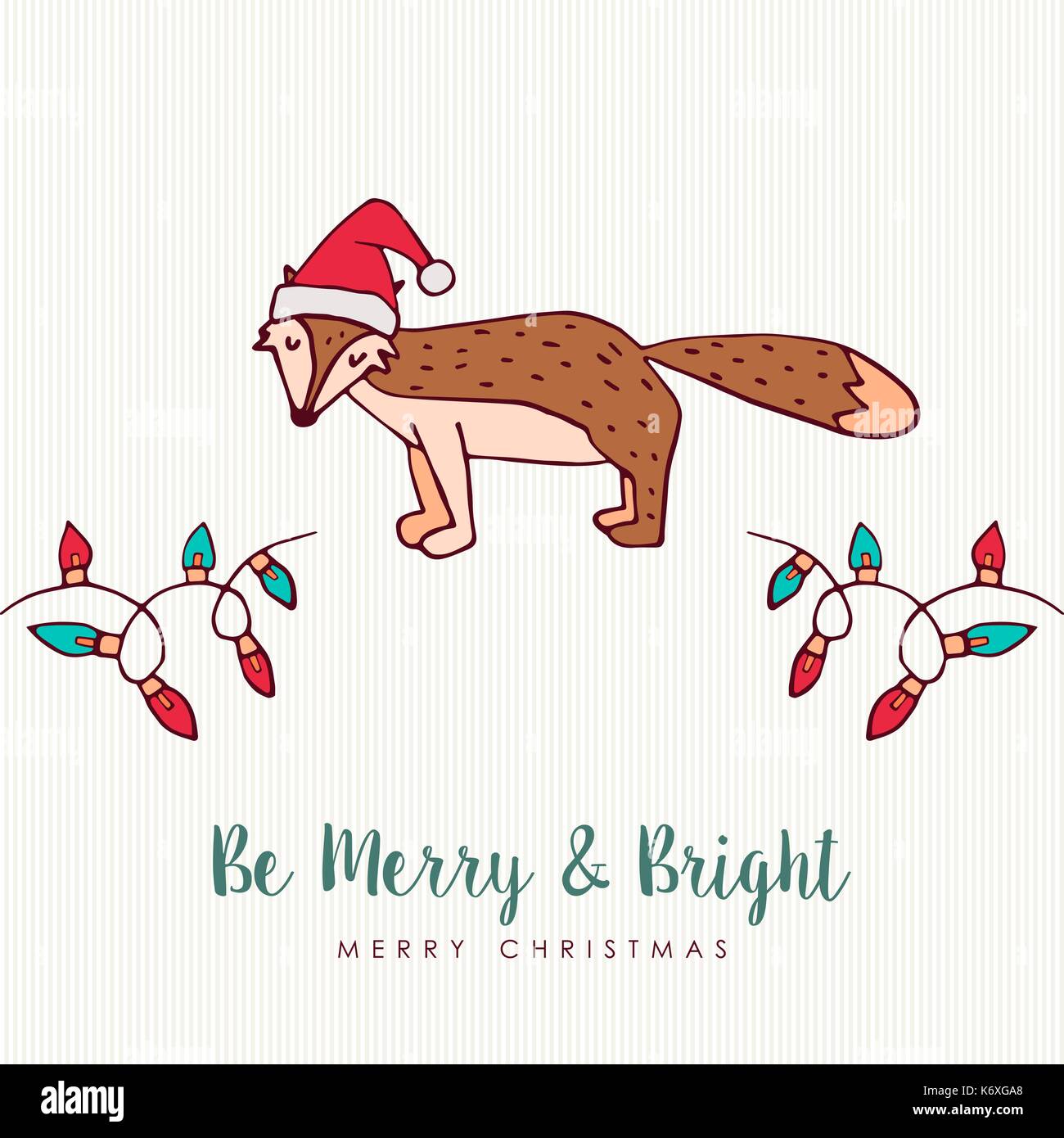 Frohe Weihnachten hand Tier Grußkarte erstellt. Cute fox Cartoon mit Weihnachtsmütze, handschriftliche Typografie Zitat und Urlaub Beleuchtung Dekoration. EPS 10 ve Stock Vektor