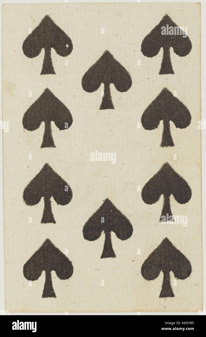 Dieses französische Kartendeck aus dem Jahr 1813 zeigt ein Porträt auf den 10 Pik. Das Kunstwerk spiegelt das Design und die Symbolik wider, die in den französischen Spielkarten des frühen 19. Jahrhunderts verwendet wurden. Stockfoto