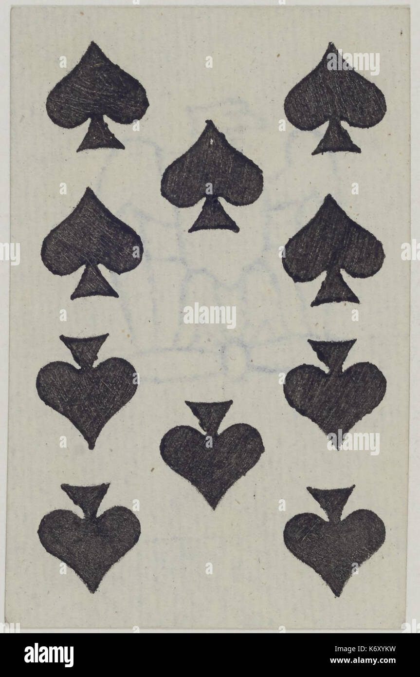 Dieses französische Porträt-Kartendeck aus dem Jahr 1853 enthält die Pik 10, die die historische und künstlerische Kultur der französischen Spielkarten aus dem 19. Jahrhundert repräsentiert. Stockfoto