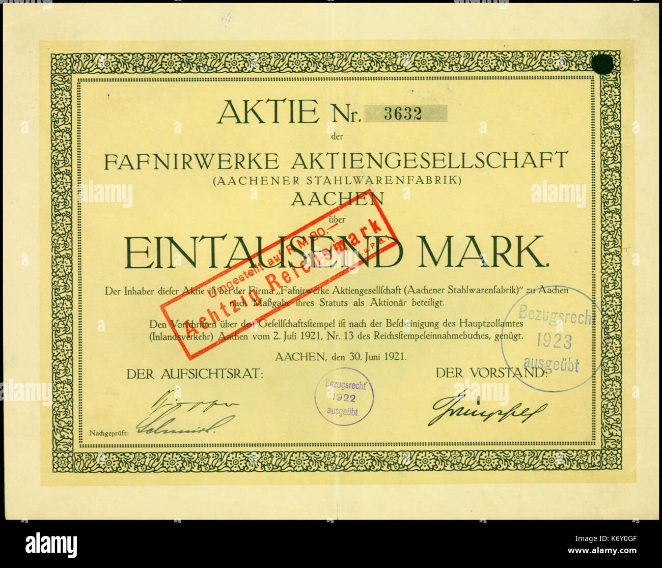 Fafnirwerke AG 1921 1000 Mk Stockfoto