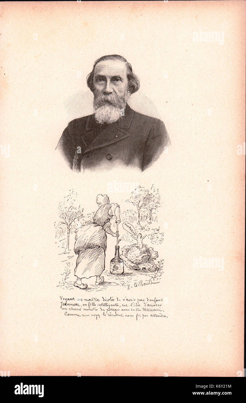 Feuille avec Portrait de Ferdinand Gilbault et sa Tiefdruck pour le vin Mariani Stockfoto