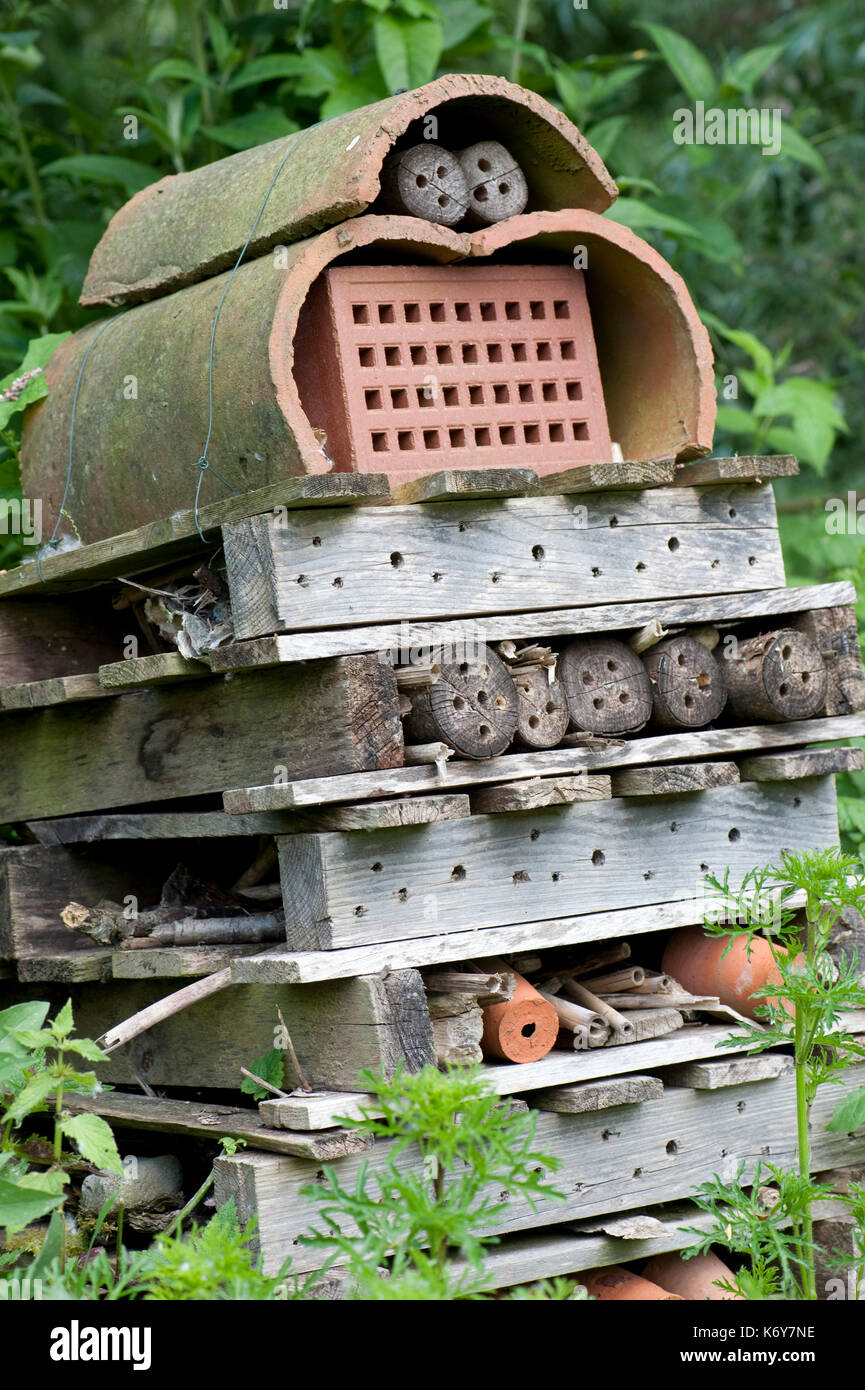 Insekt Haus in Garten, Kent, Großbritannien Sevenoaks Wildlife Reserve, Kent Wildlife Trust, ein Ort von besonderem wissenschaftlichen Interesse (SSSI) Stockfoto