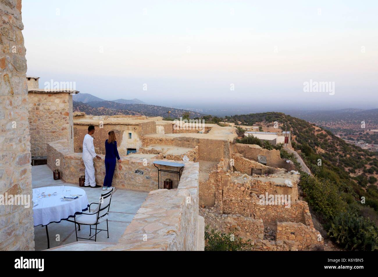 Marokko, Anti Atlas, Souss-Massa region, Präfektur Agadir Ida-Outanane Taghzoute Azrarag, Valley, Village, Dar Ahlam, Traumhäuser, South Road, Haus der Arganiers Stockfoto