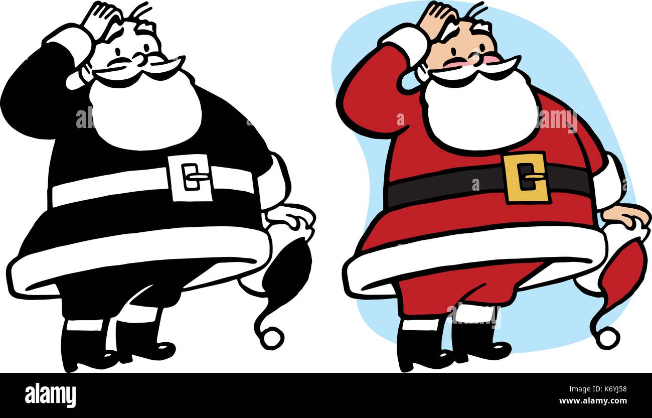 Einen verwirrten Santa Claus nimmt seinen Hut und Kratzer den Kopf. Stock Vektor