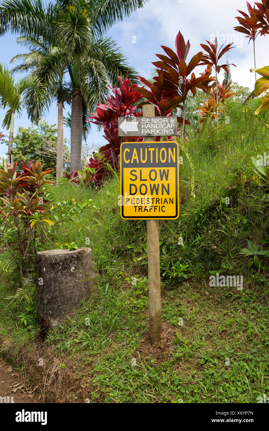 Behinderte und ältere parken Schild in einem tropischen Garten, auf der Straße nach Hana, Hawaii. Stockfoto