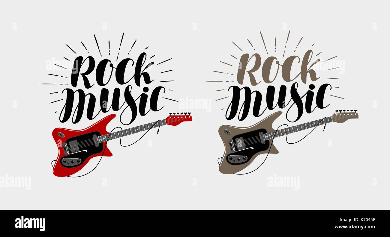 Rock Musik-Schriftzug. Gitarre, musikalische String Instrument Symbol. Vector Illustration Stock Vektor