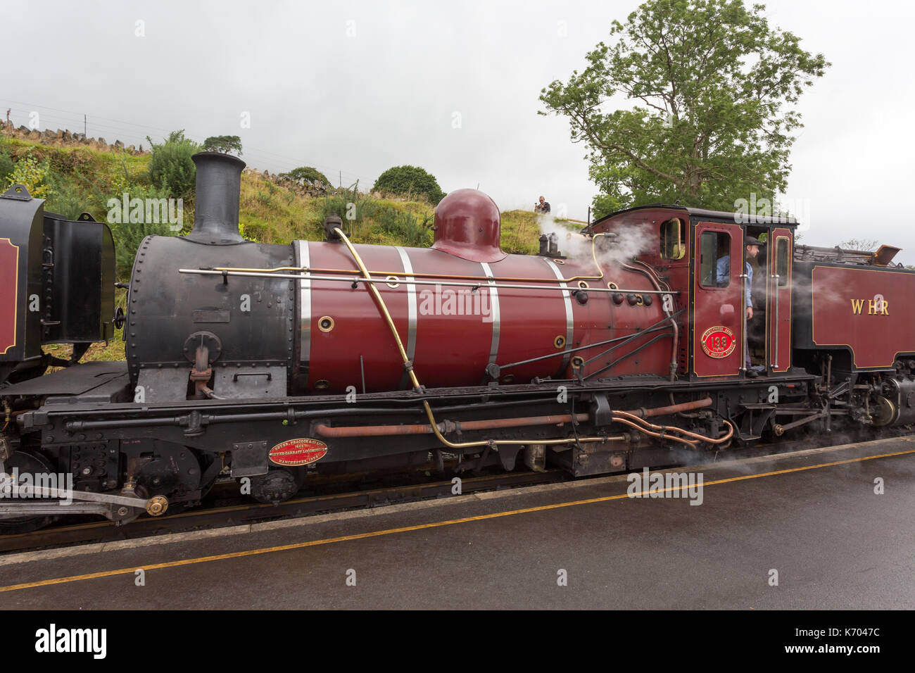 Welsh Highland Railway Dampfzug, Beddgelert, Snowdonia, Wales, Großbritannien Stockfoto