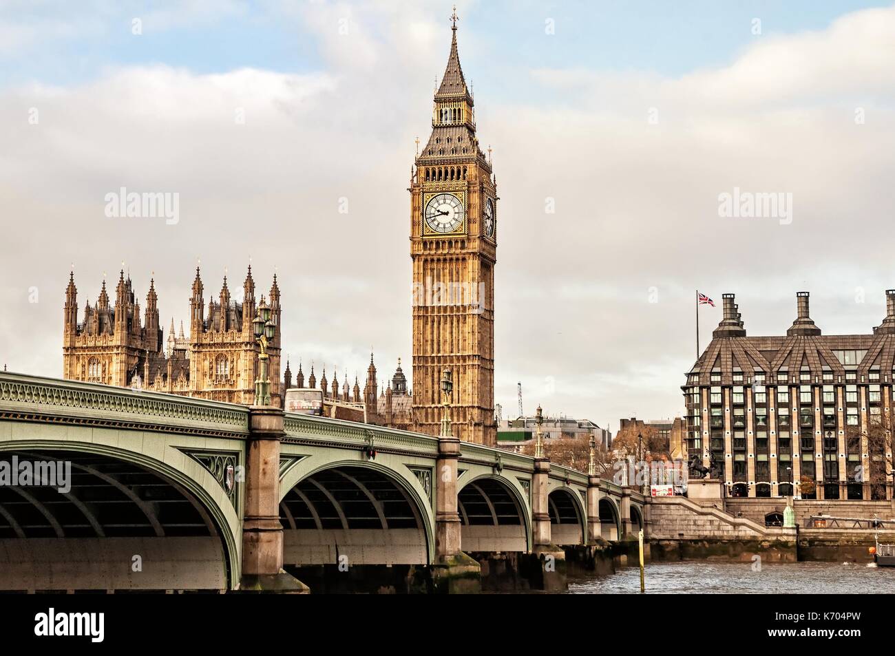 Big Ben, The Palace of Westminster und Westminster Bridge, London, Großbritannien Stockfoto