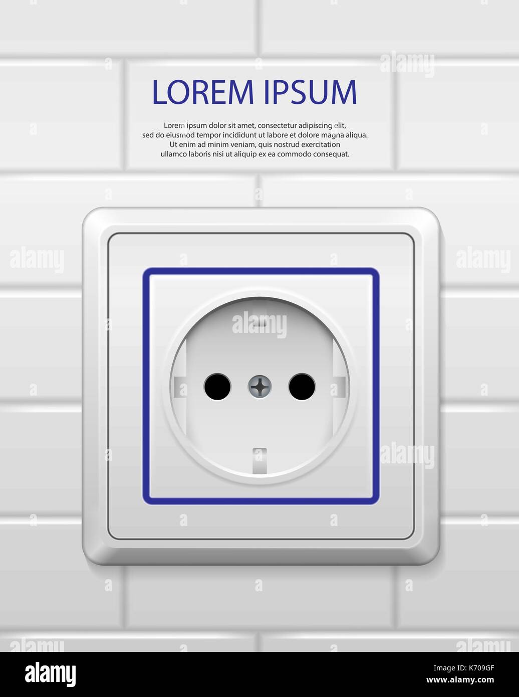 White Power Socket mit Schatten isoliert. Realistische Buchse der Europäischen Norm mit blauen Linie auf weißer Wand. Steckdose Vector Illustration Stock Vektor