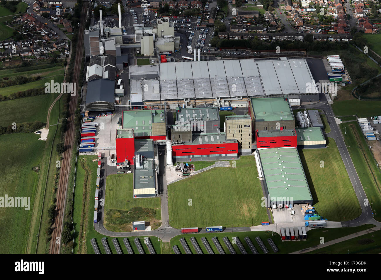 Luftaufnahme von Nestle UK Ltd Nescafe Fabrik, Tutbury, Burton upon Trent, Stäben, Großbritannien Stockfoto