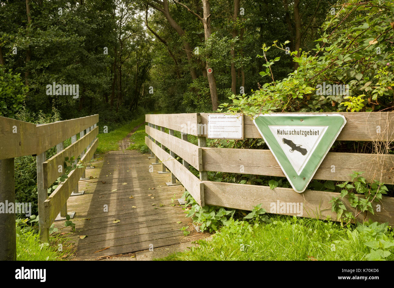Am Wald, Langeoog. Deutschland. Deutschland. Ein Fußweg und kleine Holzbrücke in die natürlichen Wälder führt. Das Zeichen, 'Naturschutzgebeit', für die natürliche befindet sich auf der hölzernen Zaun führenden auf zur Brücke über einen Graben und in das Holz positioniert. Dappled Sonnenlicht erzeugt Muster auf den Boden. Stockfoto
